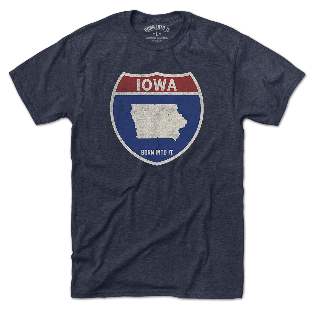 Born Into It Iowa Interstate Sign T-Shirt featuring a vintage-style graphic of the Iowa Interstate Railroad on a black cotton tee.