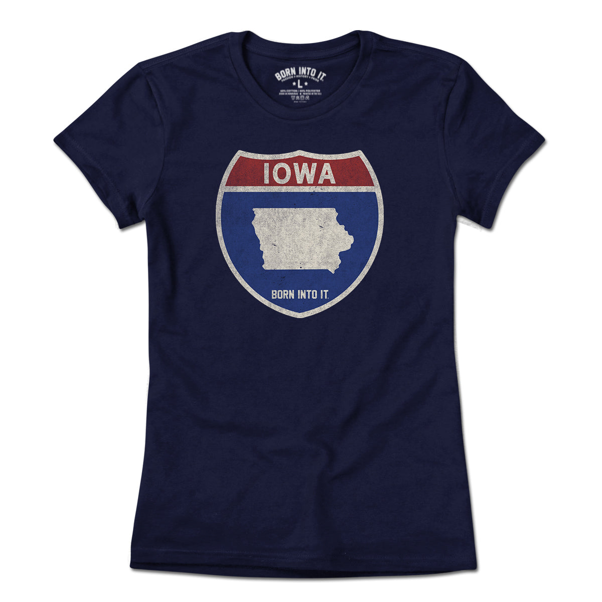 Light green Iowa Interstate Sign T-Shirt by Born Into It featuring a highway sign graphic on the front.