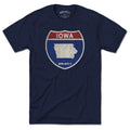 Born Into It Iowa Interstate Sign T-Shirt showing a vintage-style interstate highway sign graphic on soft fabric.