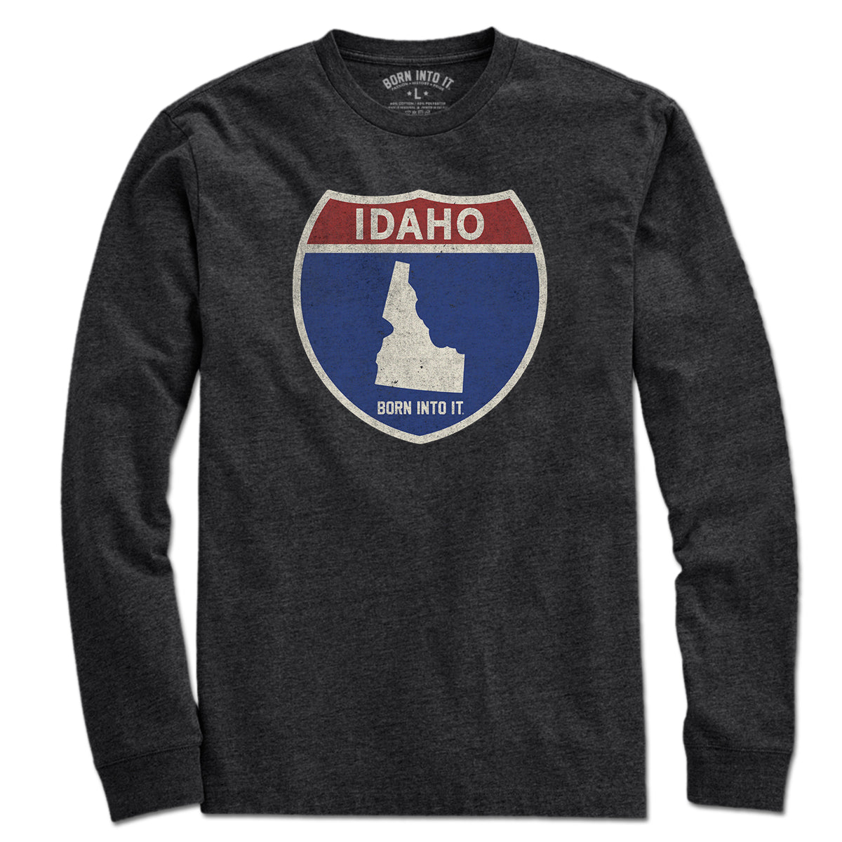 Born Into It Idaho Interstate Sign T-Shirt featuring a graphic of a highway sign on a casual fabric tee.