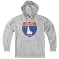 Born Into It Idaho Interstate Sign hoodie sweatshirt in gray, featuring a detailed Idaho interstate graphic on the front.