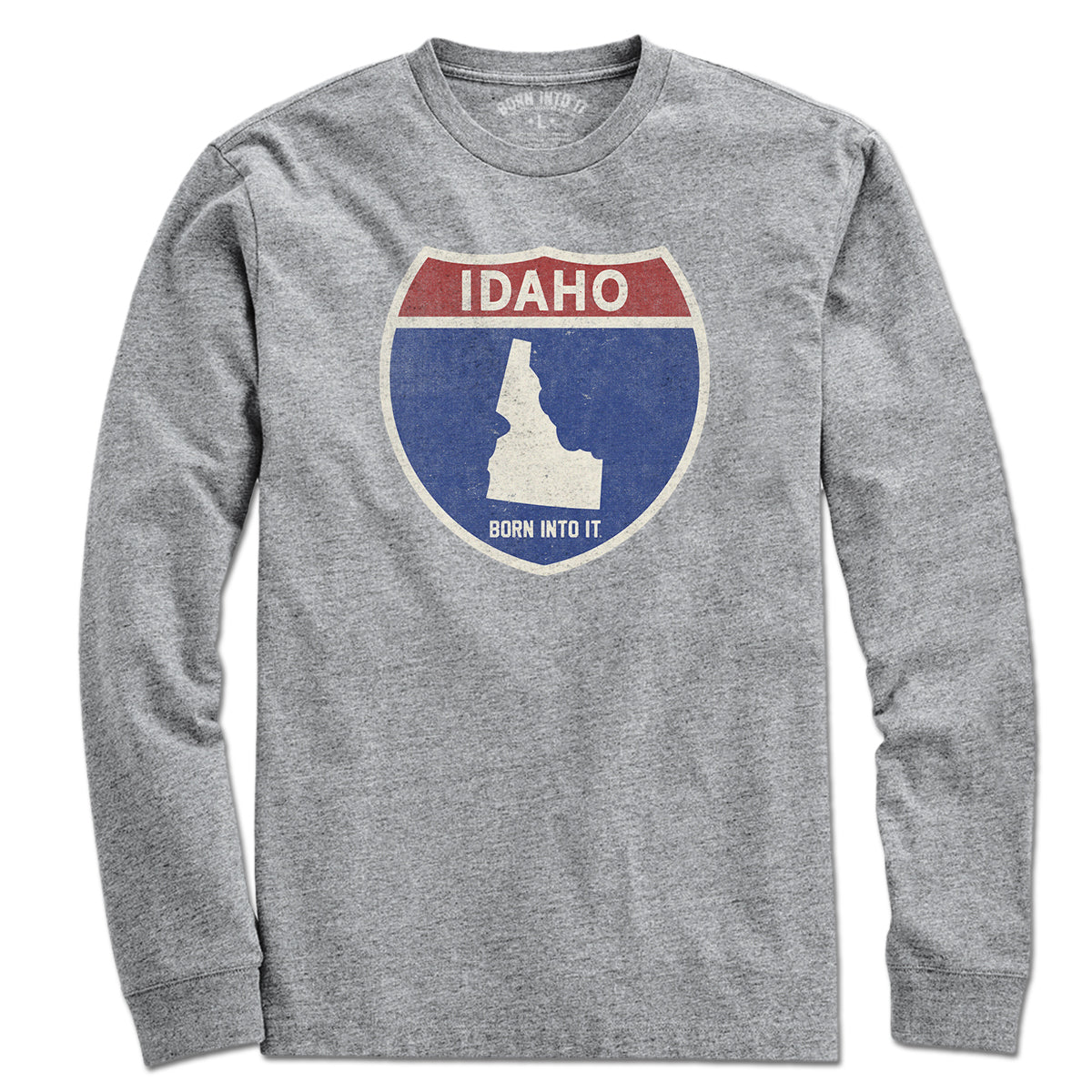 Born Into It Idaho Interstate Sign T-Shirt in gray, featuring a bold interstate highway graphic on soft cotton fabric.