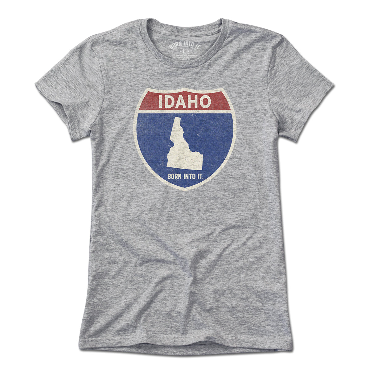 Born Into It Idaho Interstate Sign T-Shirt in gray, featuring a detailed interstate highway graphic on soft cotton fabric.
