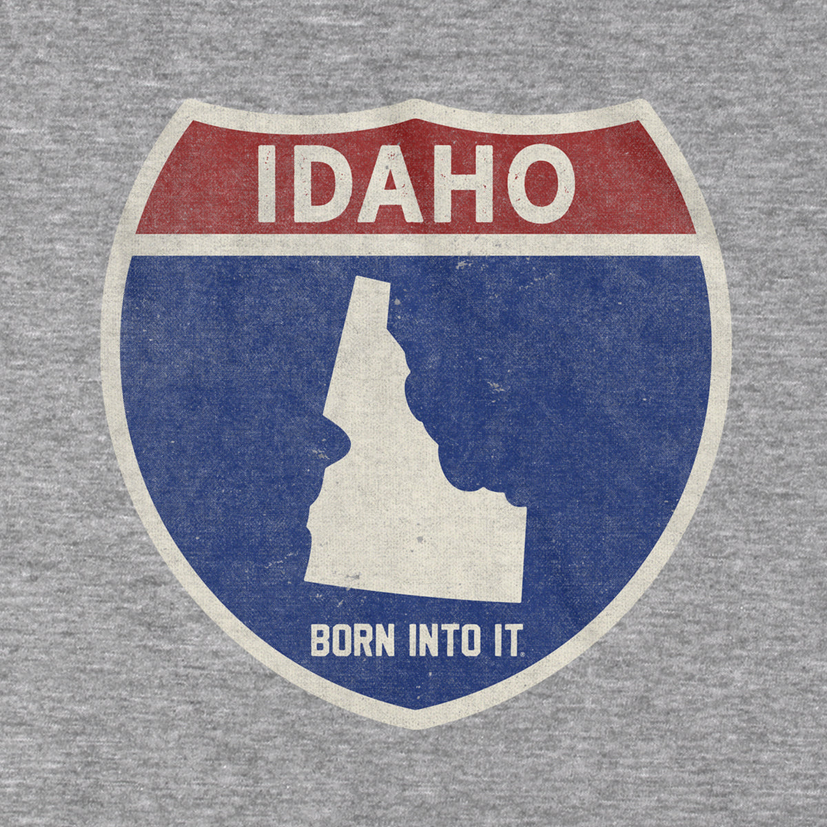 Born Into It Idaho Interstate Sign T-Shirt displayed on a model, featuring the iconic highway sign design.