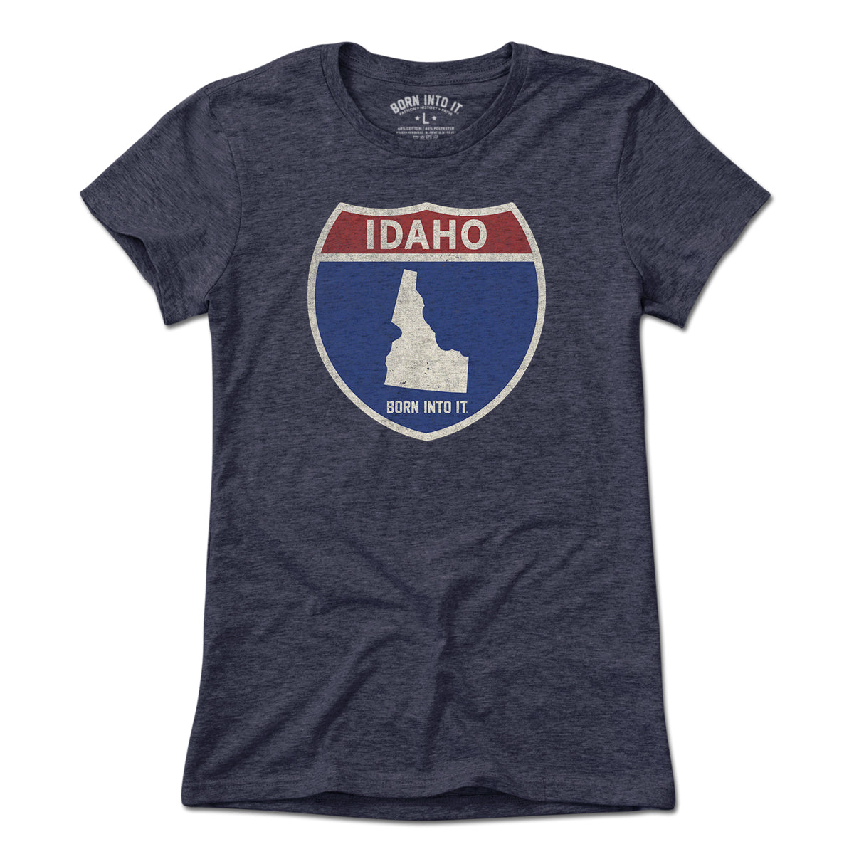 Born Into It Idaho Interstate Sign T-Shirt in heather blue, featuring a detailed interstate road sign graphic.