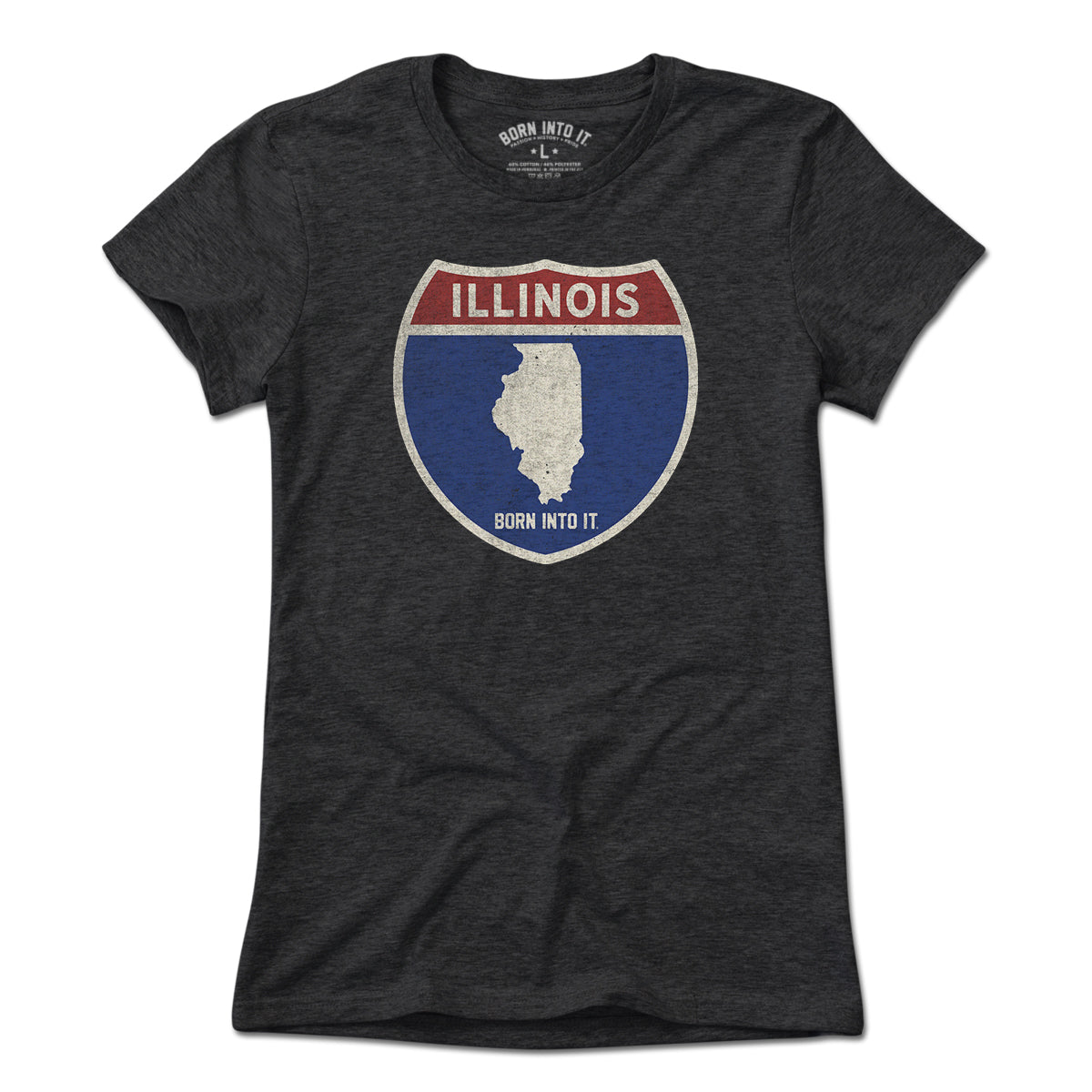 Born Into It Illinois Interstate Sign T-Shirt, light-colored flat lay showing the graphic design on the front.