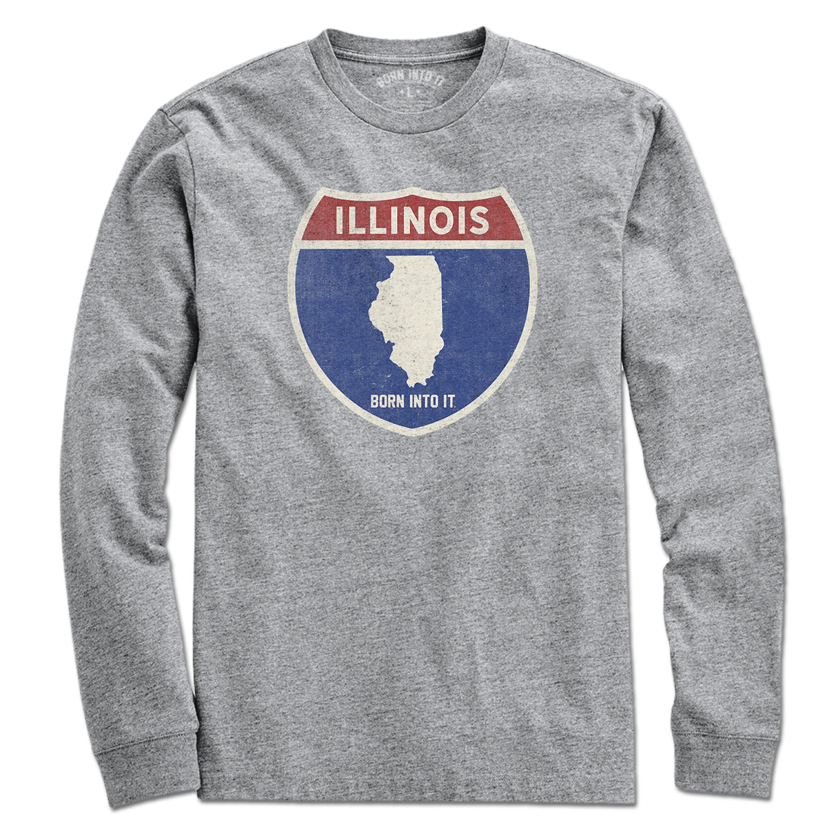 Born Into It Illinois Interstate Sign T-Shirt featuring a gray fabric with a highway interstate graphic design.