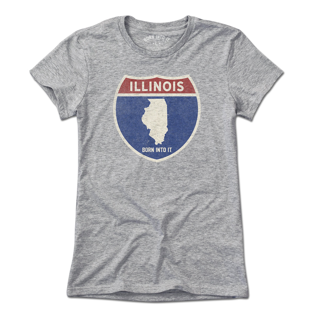 Born Into It Illinois Interstate Sign T-Shirt in light gray, featuring a detailed highway route graphic on the front.