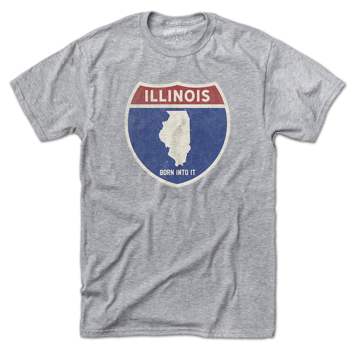 Born Into It Illinois Interstate Sign T-Shirt in gray, featuring a graphic of the Illinois highway sign on the front.