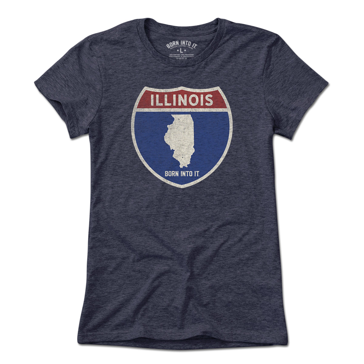 Born Into It Illinois Interstate Sign T-Shirt in light color, featuring a detailed interstate highway graphic on the front.