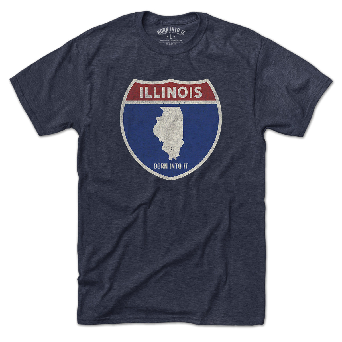 Born Into It Illinois Interstate Sign T-Shirt featuring a graphic of the Illinois highway sign on a white background.