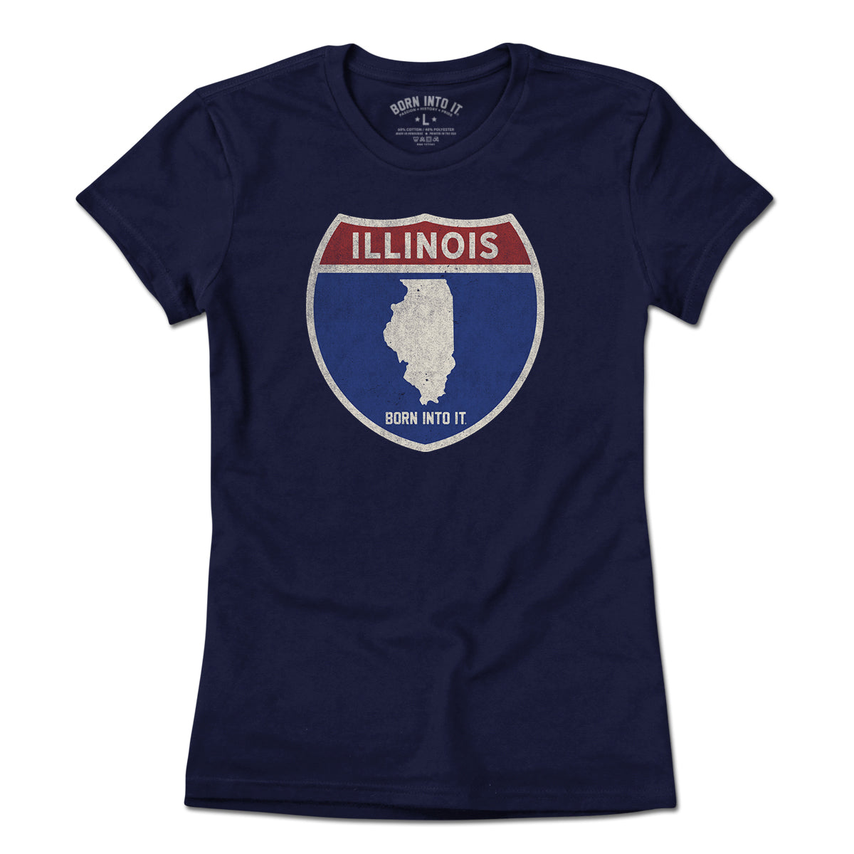 Light yellow T-shirt from Born Into It featuring an Illinois Interstate sign design on the front.