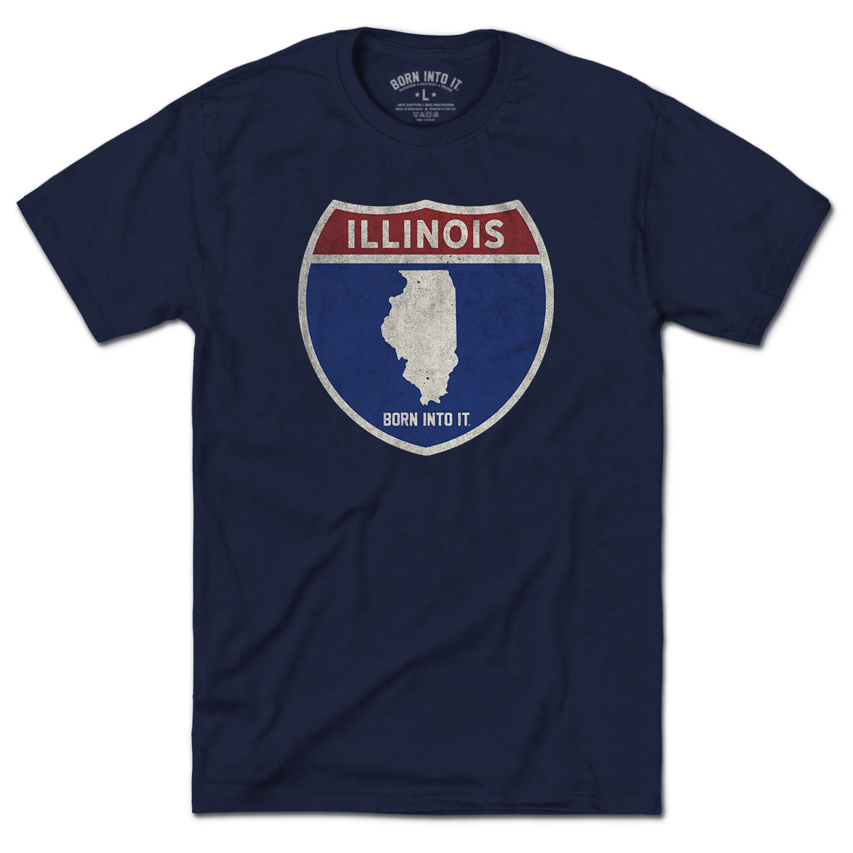 Born Into It Illinois Interstate Sign T-Shirt featuring a colorful graphic of the Illinois highway signs on a white background.