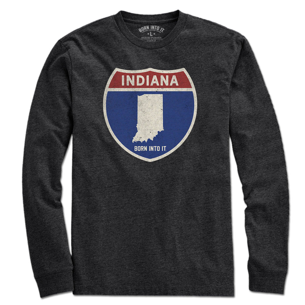 Born Into It Indiana Interstate Sign T-Shirt featuring a vintage highway sign design on a casual cotton tee.