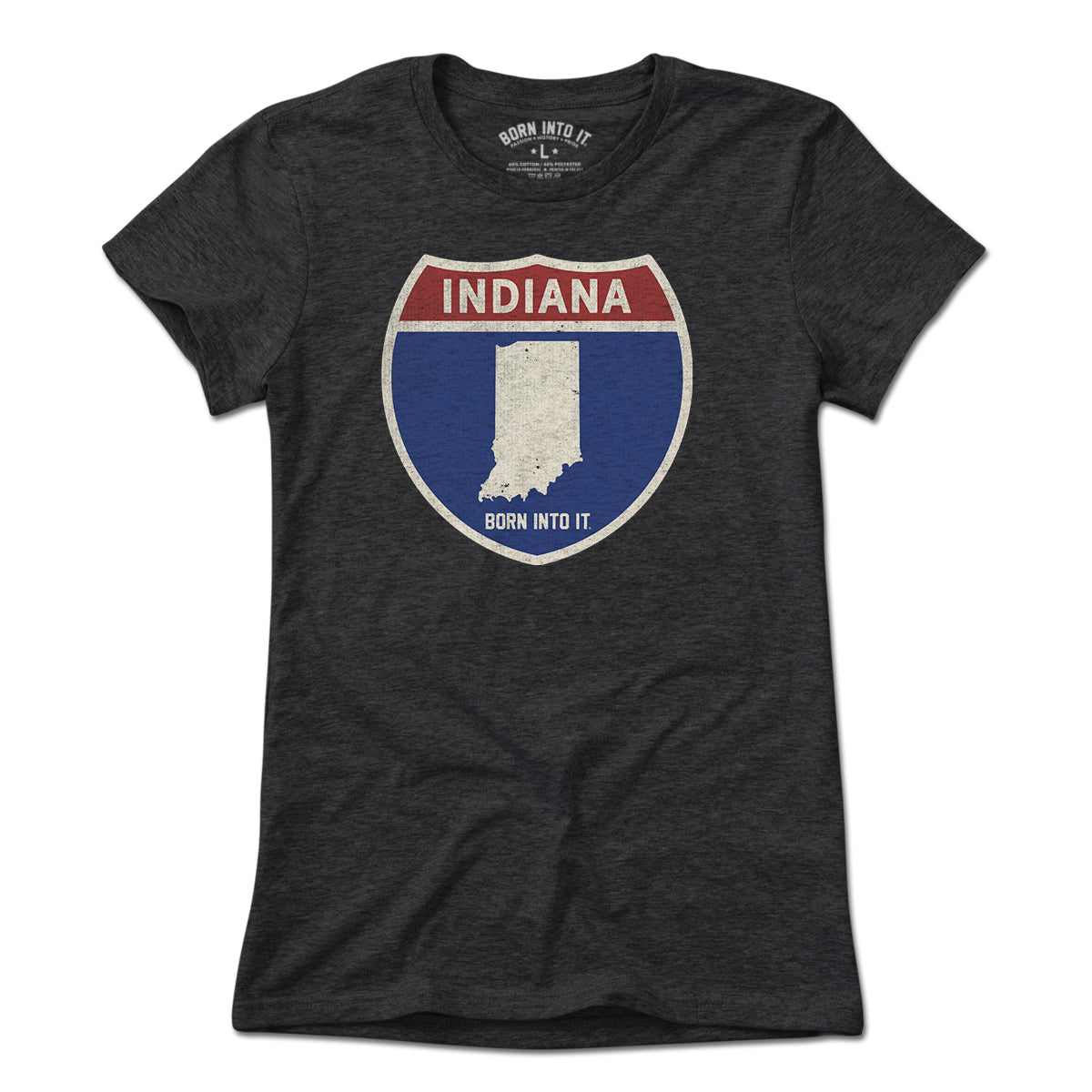Light blue Indiana Interstate Sign T-Shirt by Born Into It featuring a vintage interstate graphic on soft cotton fabric.