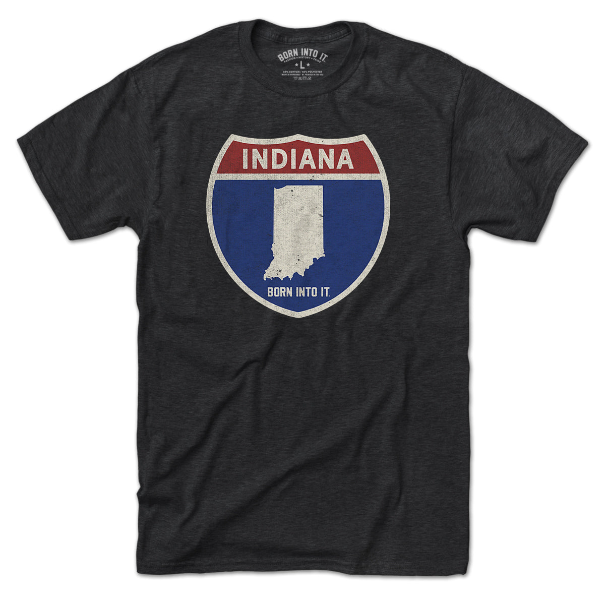 Born Into It Indiana Interstate Sign T-Shirt featuring a vintage interstate graphic on a casual cotton tee.