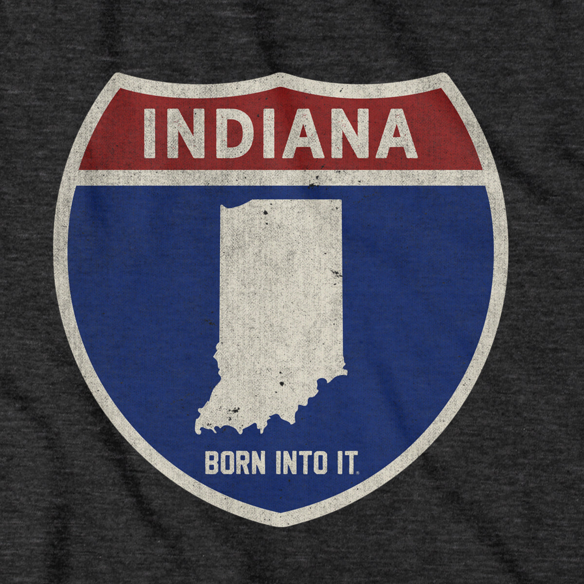 Born Into It Indiana Interstate Sign T-Shirt featuring a graphic of a highway interstate sign on a casual black T-shirt.
