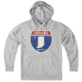 Born Into It Indiana Interstate Sign hoodie sweatshirt in gray with highway sign graphic, casual and comfortable streetwear.