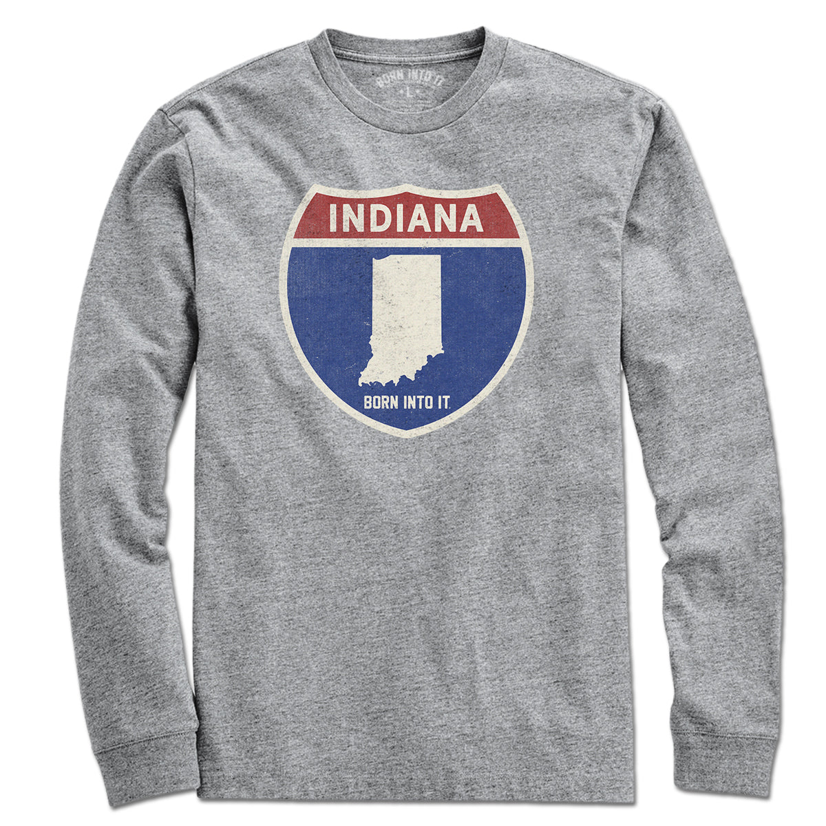 Born Into It Indiana Interstate Sign T-Shirt in gray, featuring a vintage interstate sign graphic on a casual cotton tee.