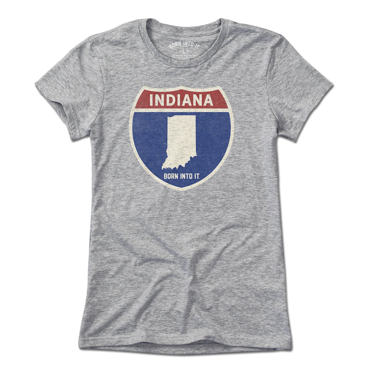 Born Into It Indiana Interstate Sign T-Shirt in gray, featuring a vintage highway sign graphic on a casual T-shirt.