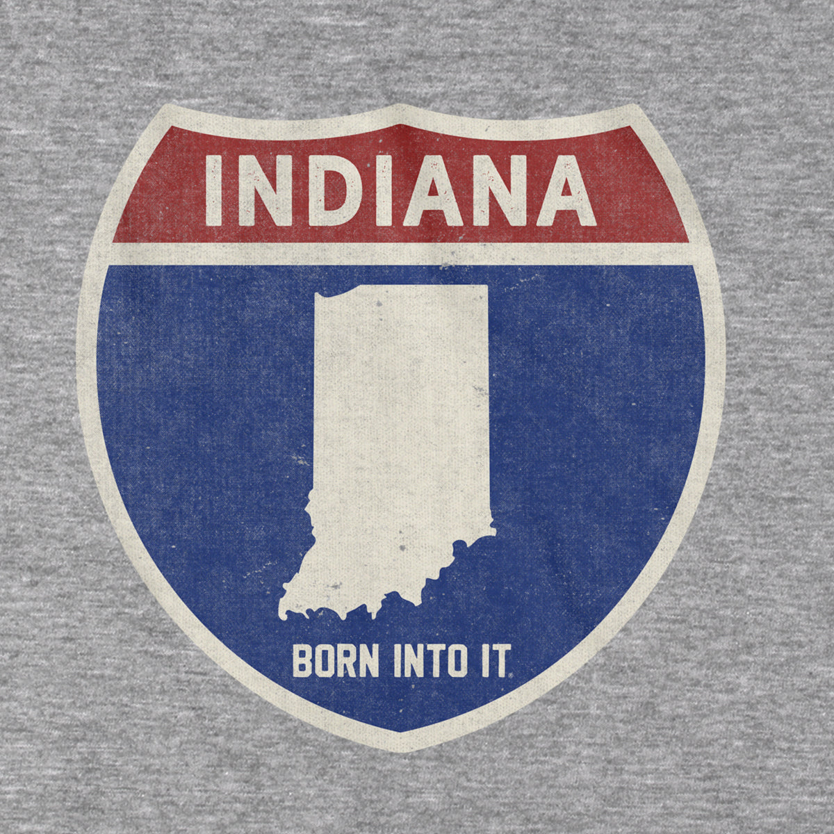 Born Into It Indiana Interstate Sign T-Shirt with gray graphic design, featuring highway route graphics on the front.