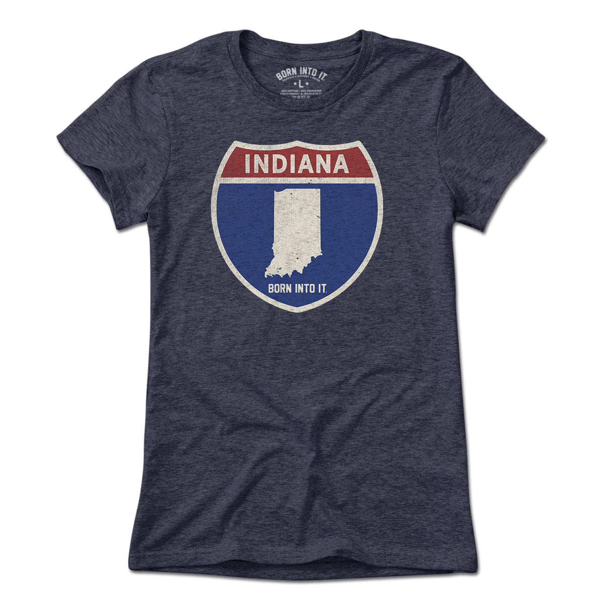 Born Into It Indiana Interstate Sign T-Shirt in heather blue, featuring a vintage interstate highway graphic on the front.