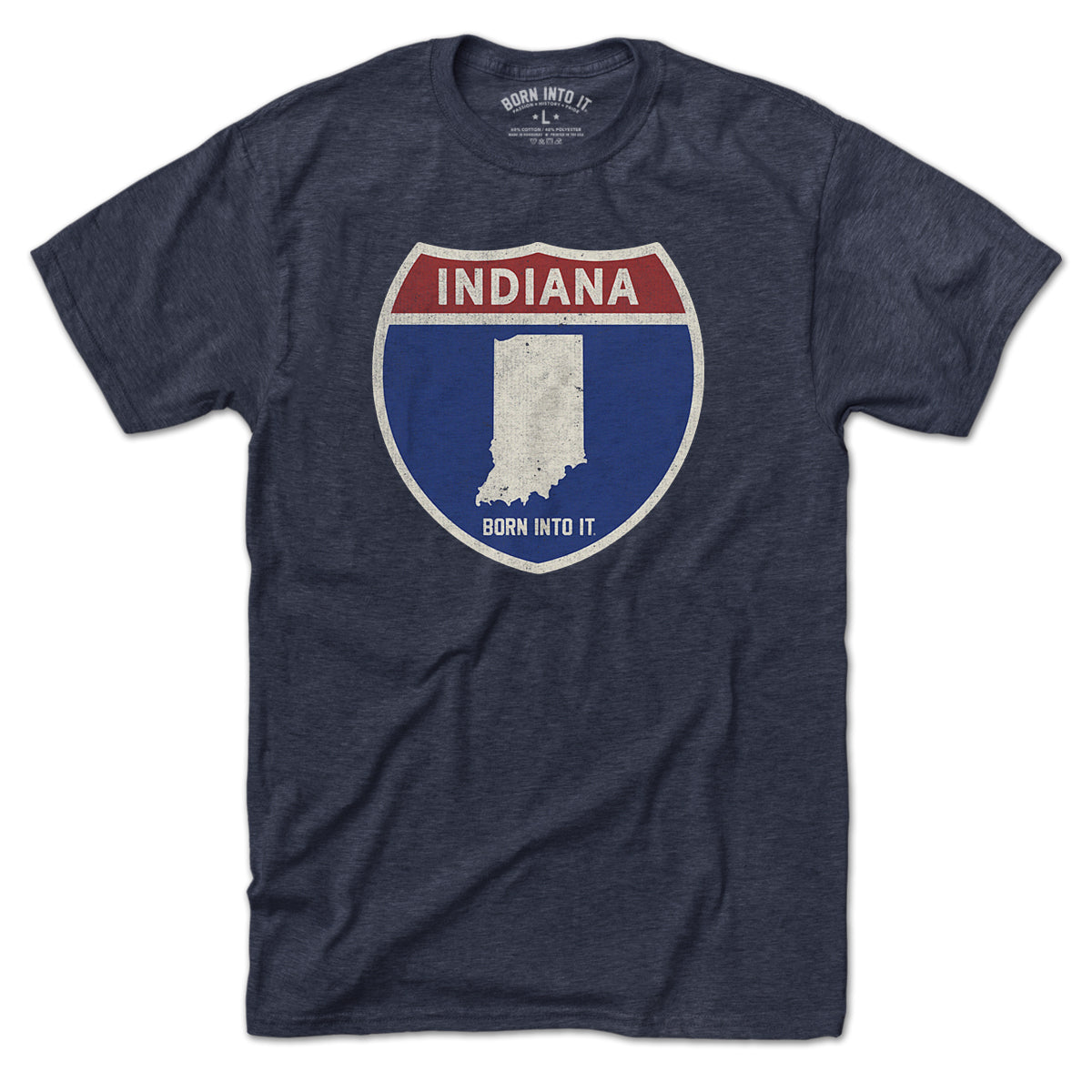 Born Into It Indiana Interstate Sign T-Shirt featuring a graphic of a highway sign on a casual black T-shirt.