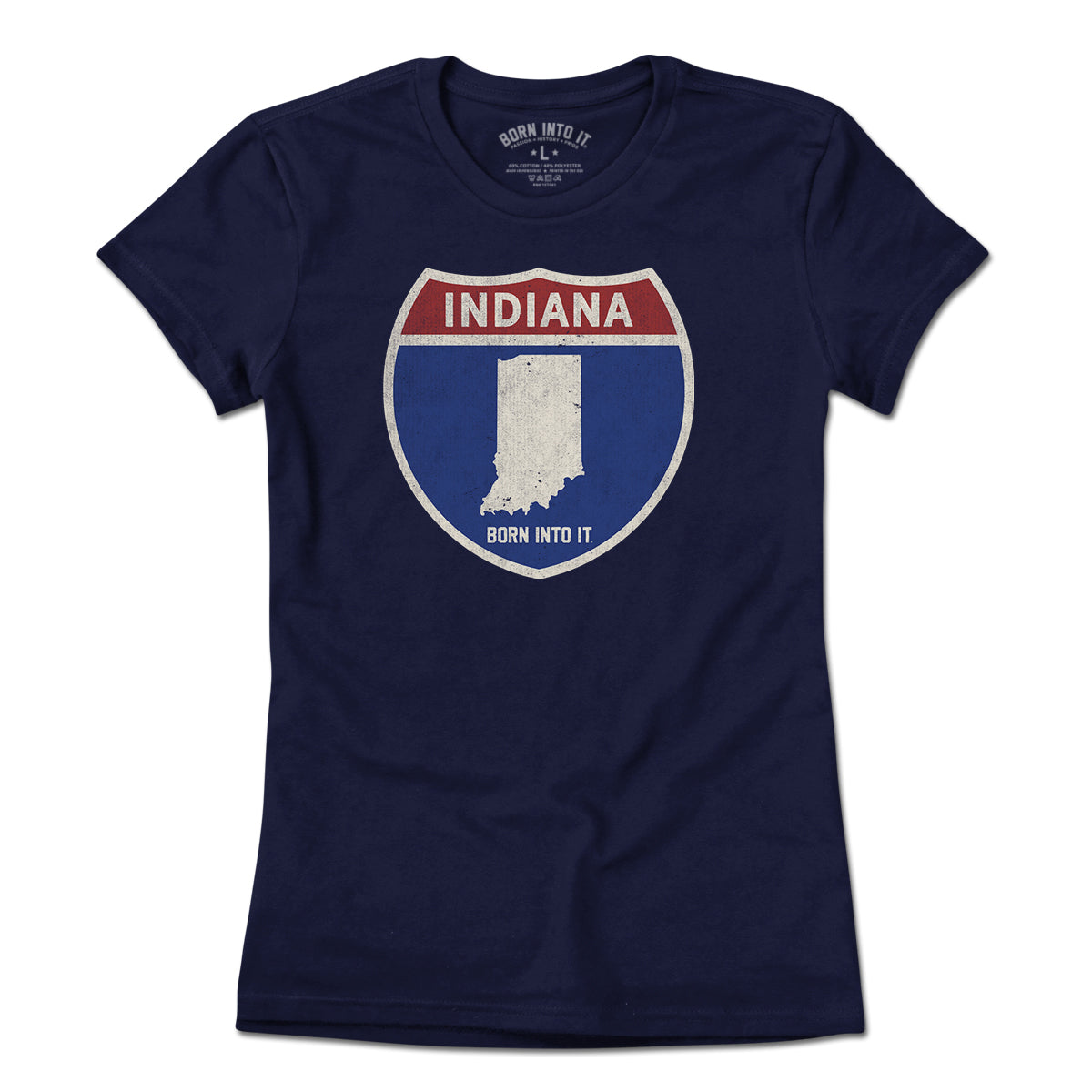 Light purple Indiana Interstate Sign T-Shirt by Born Into It, featuring a highway sign graphic on soft fabric.