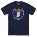 Born Into It Indiana Interstate Sign T-Shirt featuring a printed highway sign design on a casual T-shirt.
