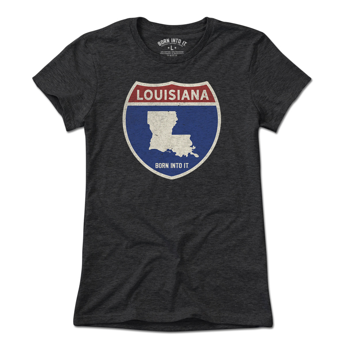 Born Into It Louisiana Interstate Sign T-Shirt featuring a graphic of a highway interstate sign on a light-colored fabric.