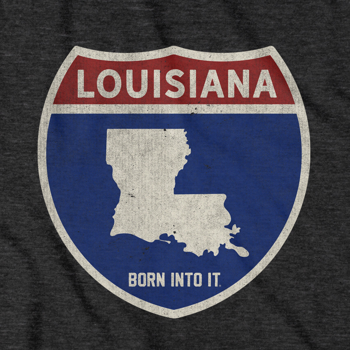 Born Into It Louisiana Interstate Sign T-Shirt featuring a classic interstate highway design on a comfortable cotton tee.