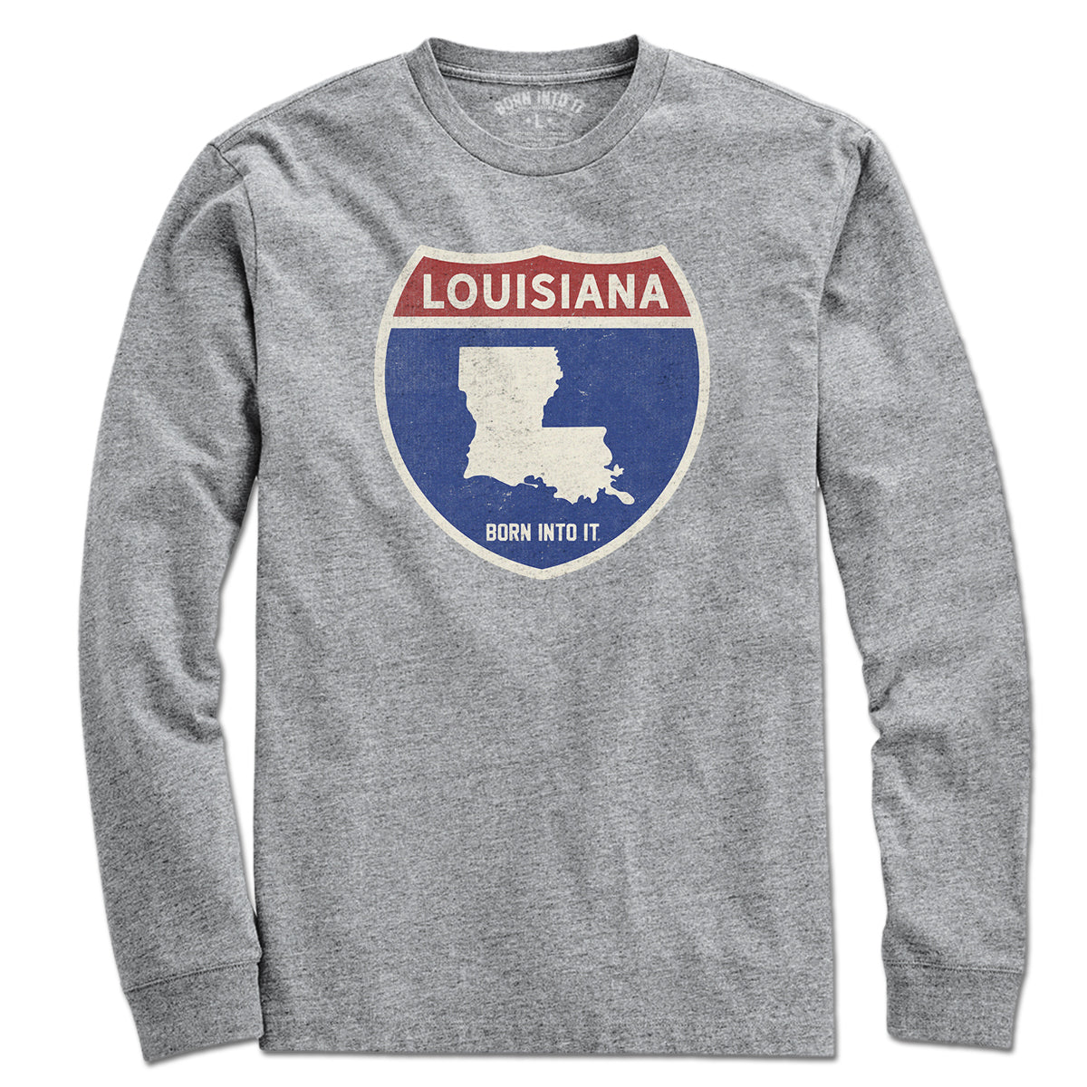 Born Into It Louisiana Interstate Sign T-Shirt in gray featuring interstate highway design on soft cotton fabric.