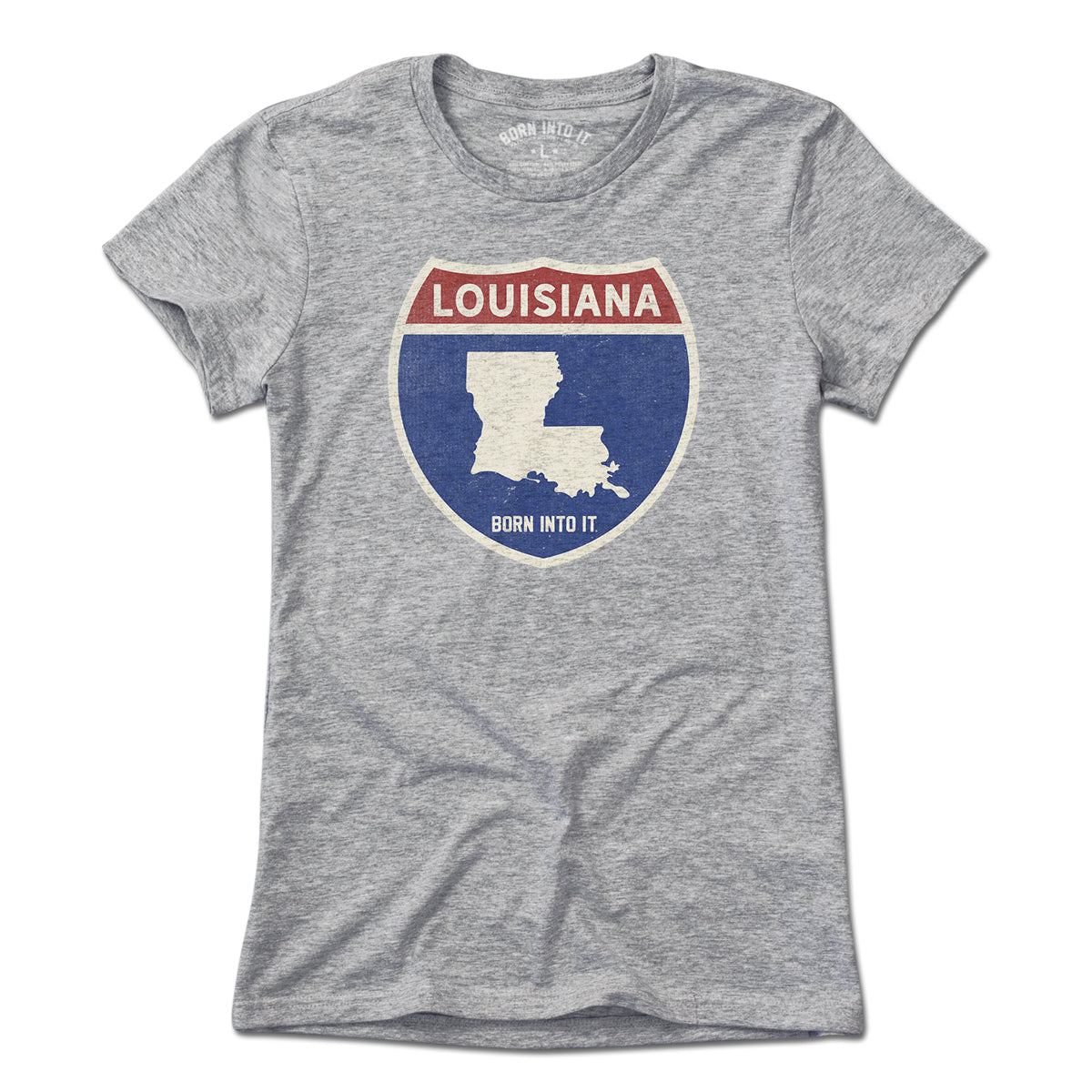 Born Into It Louisiana Interstate Sign T-Shirt in gray featuring a highway sign graphic on the front.