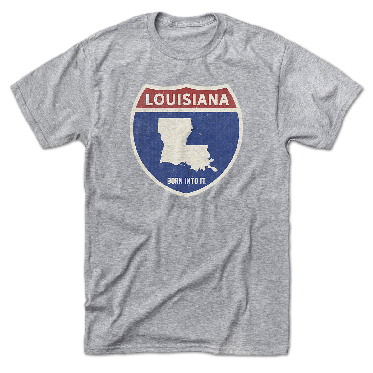 Born Into It Louisiana Interstate Sign T-Shirt in gray, featuring a detailed interstate highway graphic design.