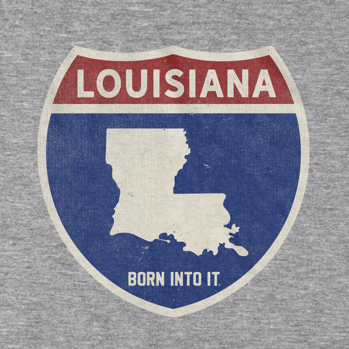 Born Into It Louisiana Interstate Sign T-Shirt featuring a gray design with iconic highway signs and bold lettering.