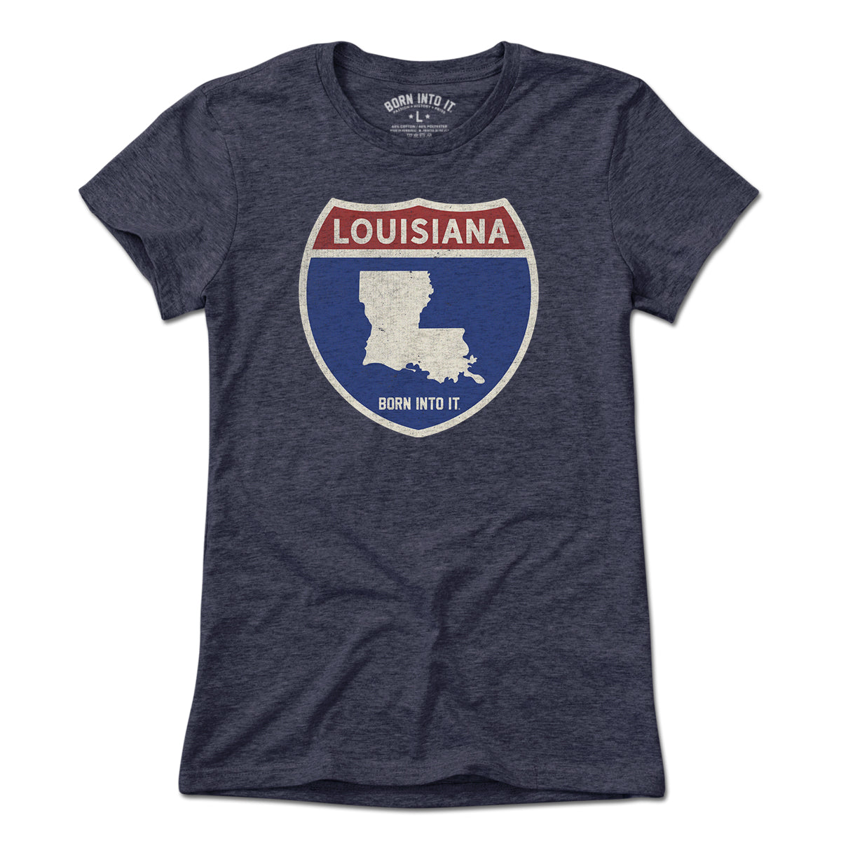 Born Into It Louisiana Interstate Sign T-Shirt, light-colored, casual T-shirt featuring interstate sign graphic design.