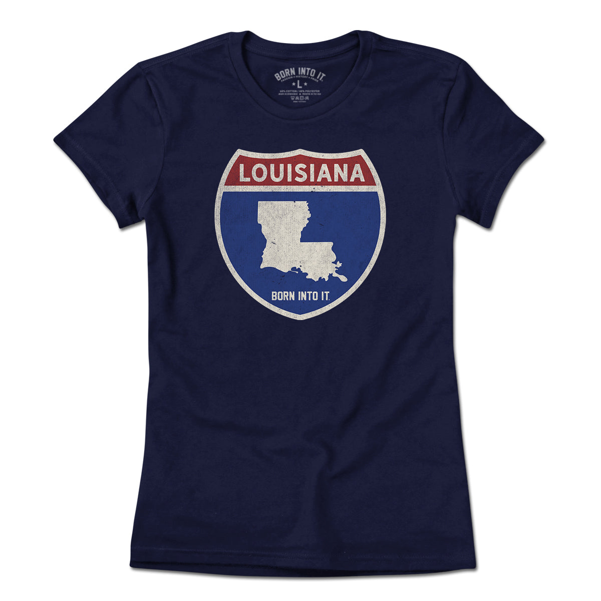 Born Into It Louisiana Interstate Sign T-Shirt featuring a flat view of the design with interstate route details.