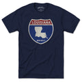 Born Into It Louisiana Interstate Sign T-Shirt featuring a colorful map design on a casual T-shirt.