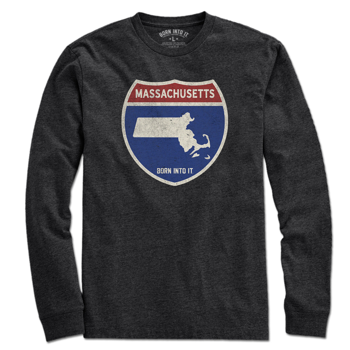Born Into It Massachusetts Interstate Sign T-Shirt, long sleeve, casual tee with interstate highway graphic in white and blue.