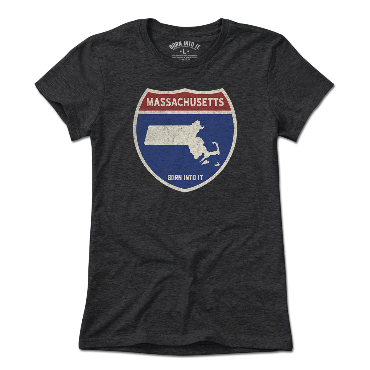 Light blue Massachusetts Interstate Sign T-Shirt by Born Into It showing the interstate highway sign design on the front.