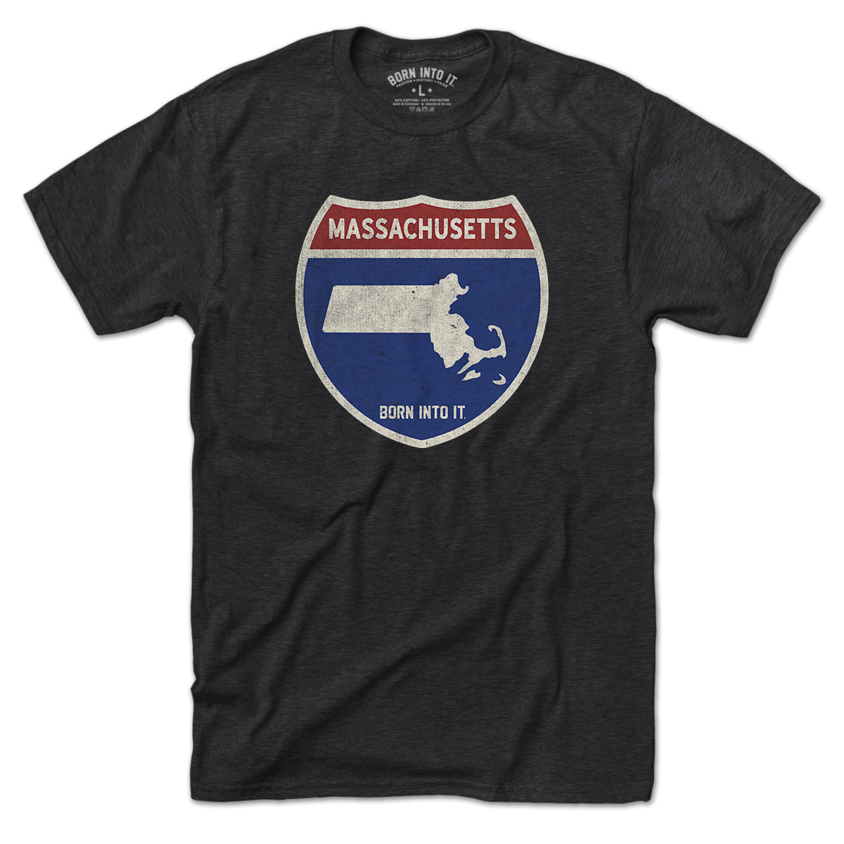 Born Into It Massachusetts Interstate Sign T-Shirt featuring a graphic of the state highway sign on a white tee.