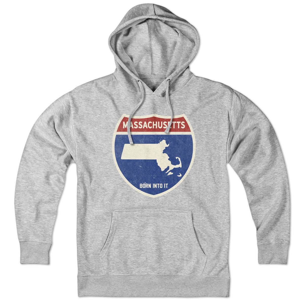 Born Into It Massachusetts Interstate Sign hoodie, gray sweatshirt with interstate route design, casual and comfortable clothing.