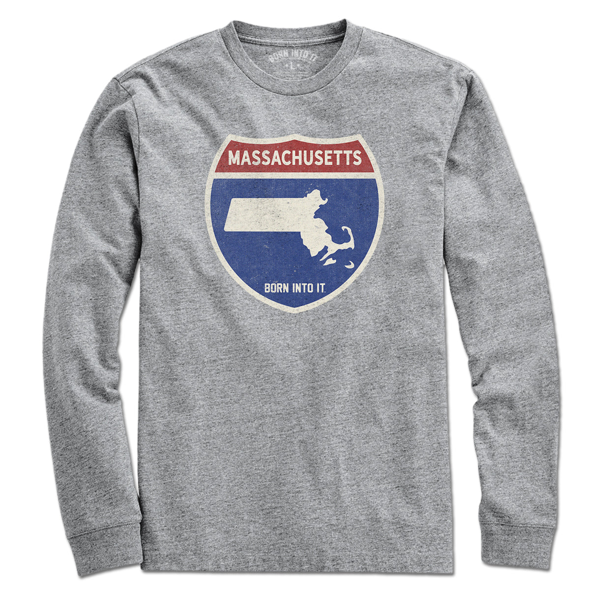 Born Into It Massachusetts Interstate Sign T-Shirt in gray, featuring a detailed interstate highway graphic on the front.