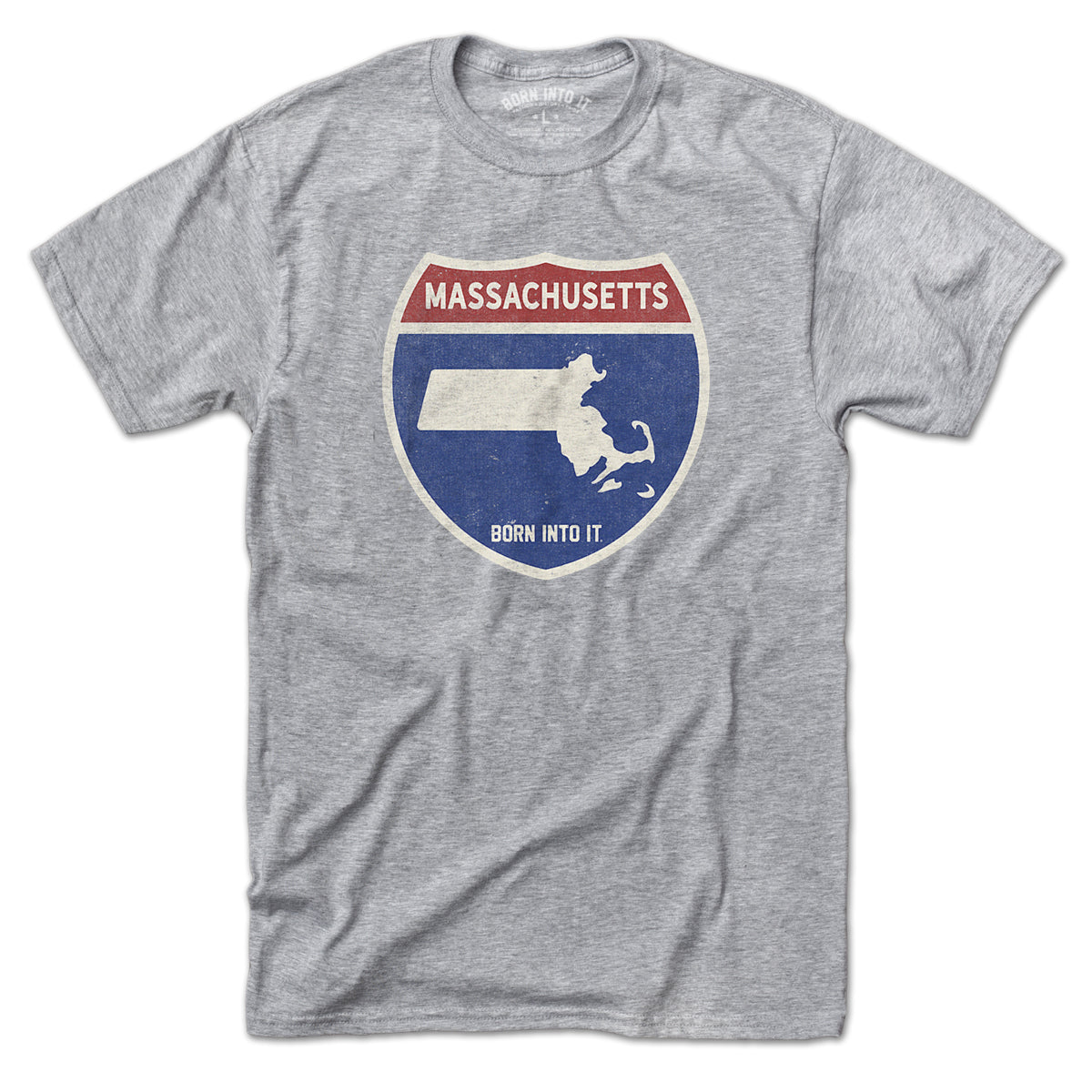 Gray Massachusetts Interstate Sign T-Shirt by Born Into It, featuring a printed interstate highway design on the front.