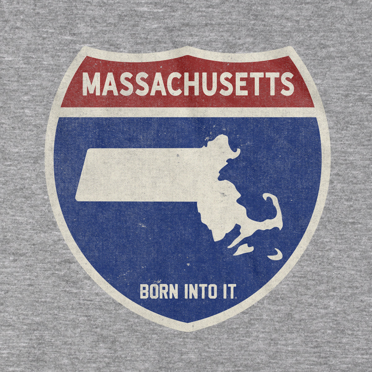 Gray Massachusetts Interstate Sign T-Shirt by Born Into It, featuring a detailed interstate highway graphic on soft fabric.
