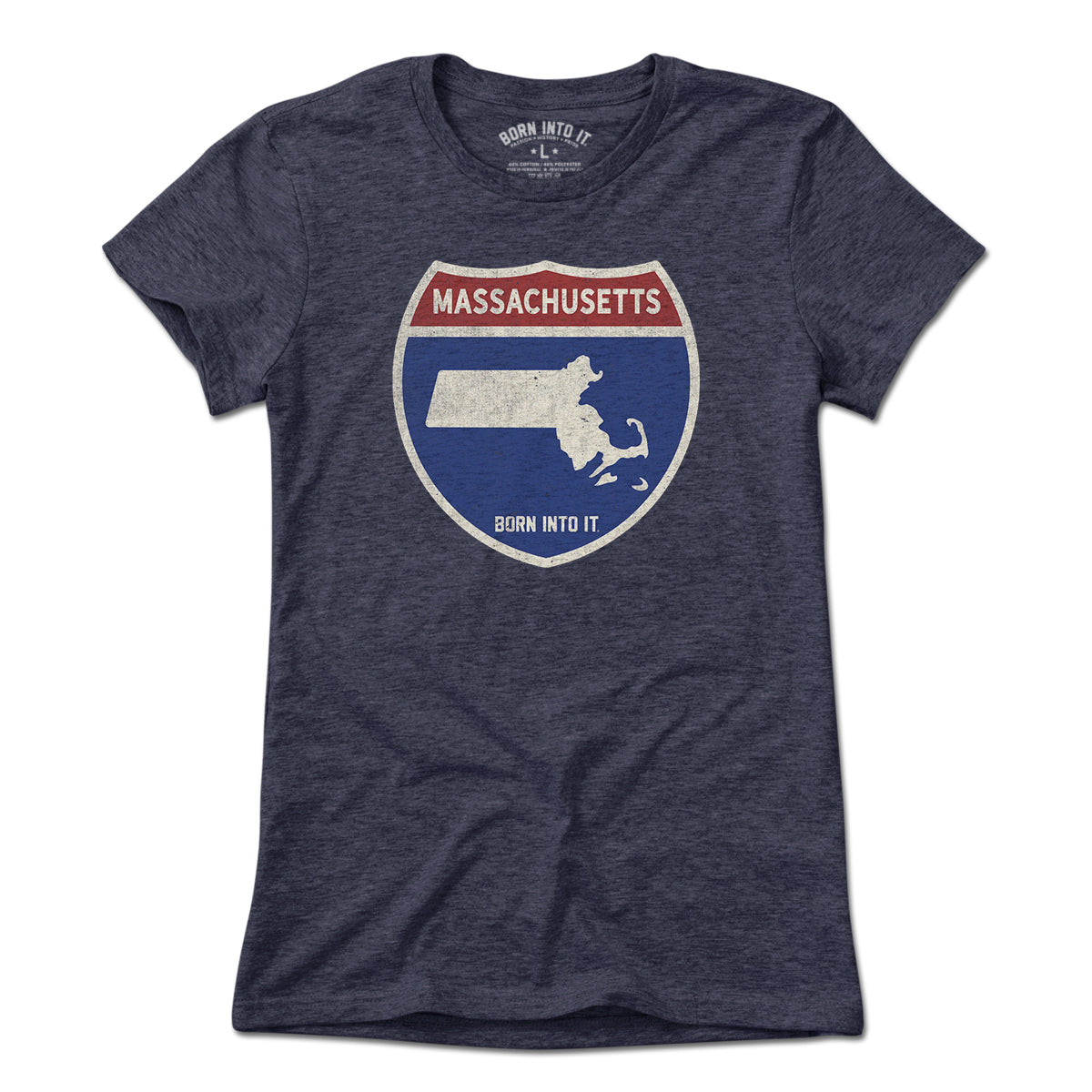 Born Into It Massachusetts Interstate Sign T-Shirt displayed flat, featuring a classic interstate highway sign design.