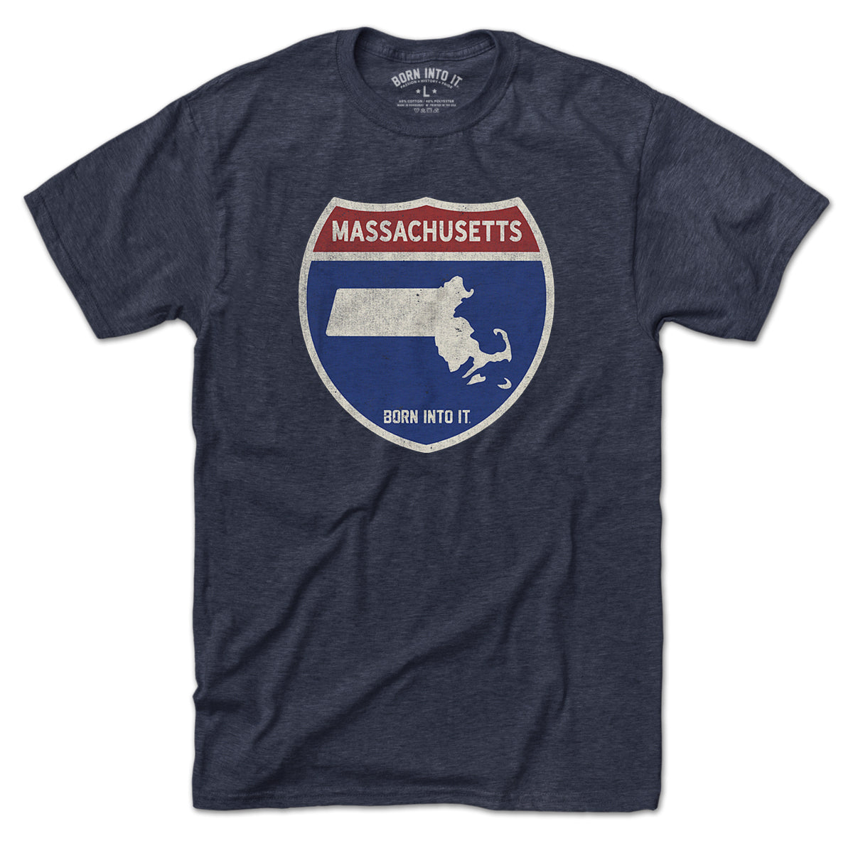 Born Into It Massachusetts Interstate Sign T-Shirt, casual cotton tee with interstate highway graphic design.