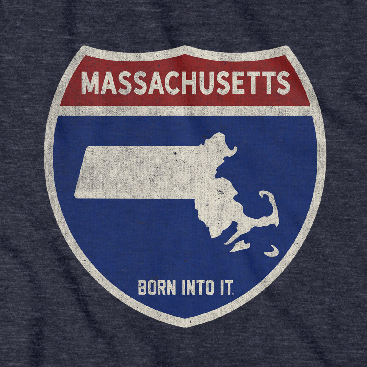 Born Into It Massachusetts Interstate Sign T-Shirt featuring the iconic highway sign design in bold print.