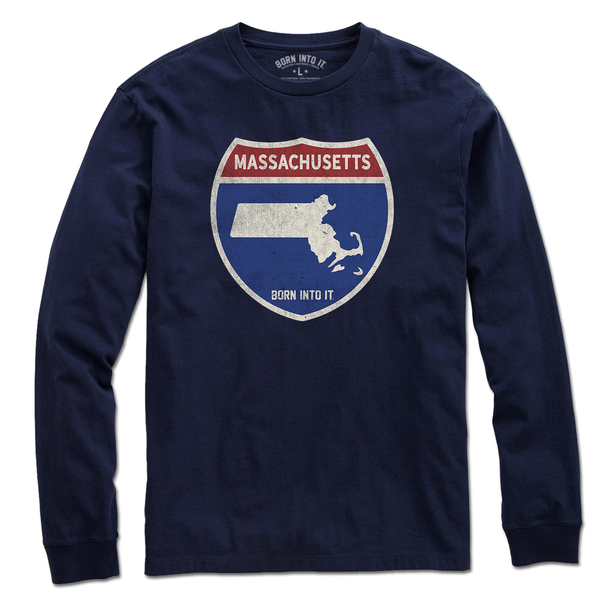 Born Into It Massachusetts Interstate Sign T-Shirt showing a detailed map graphic in a casual fit.