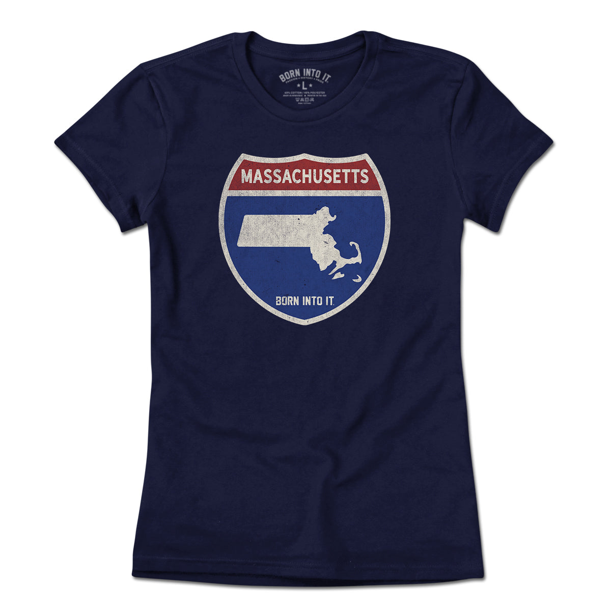 Light green Massachusetts Interstate Sign T-Shirt by Born Into It, featuring interstate route graphics and state outline.